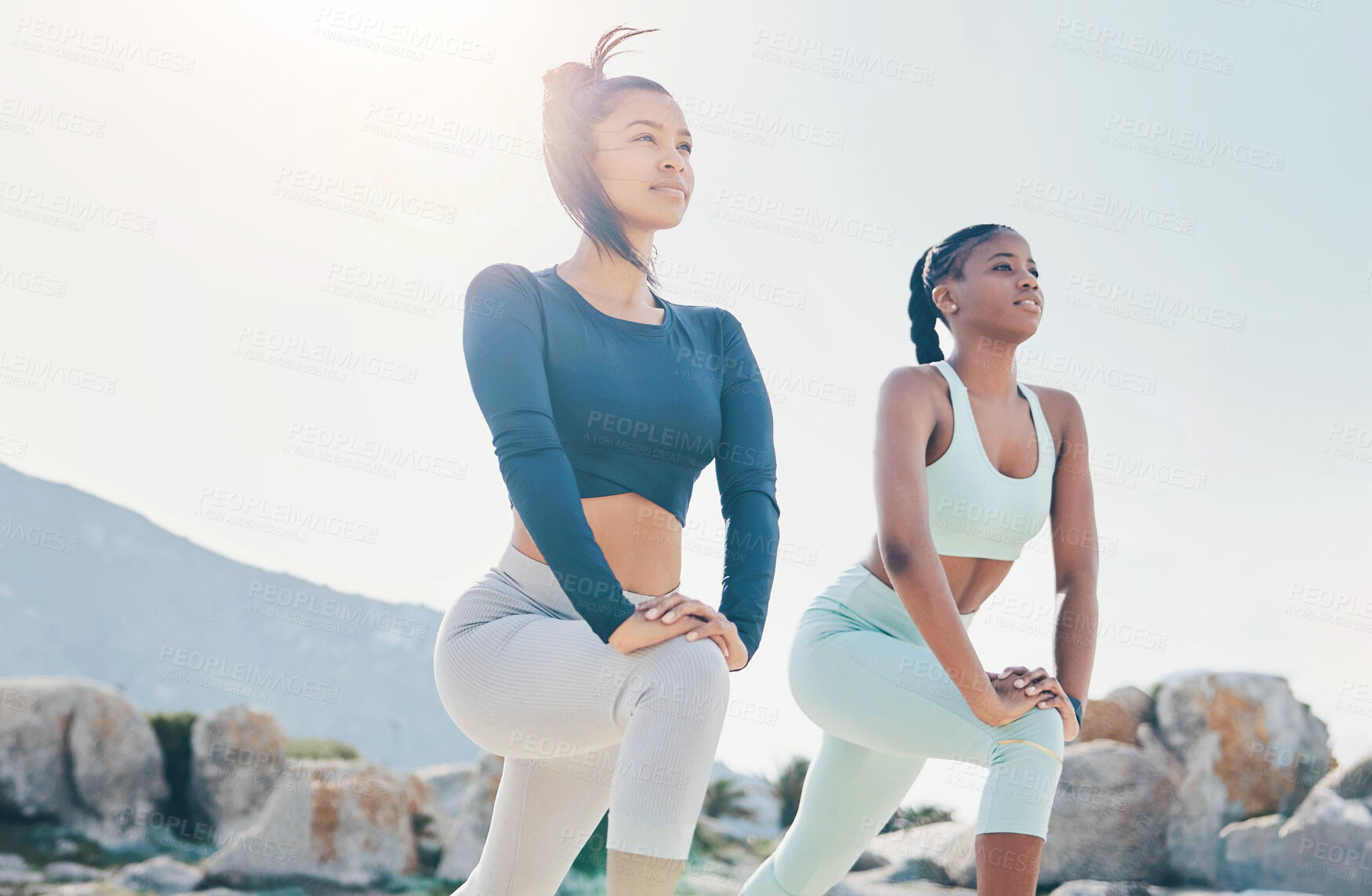 Buy stock photo Stretching, fitness and friends with women at beach for running, yoga and workout. Relax, health and wellness with female runner and warm up in nature for training, teamwork and cardio performance