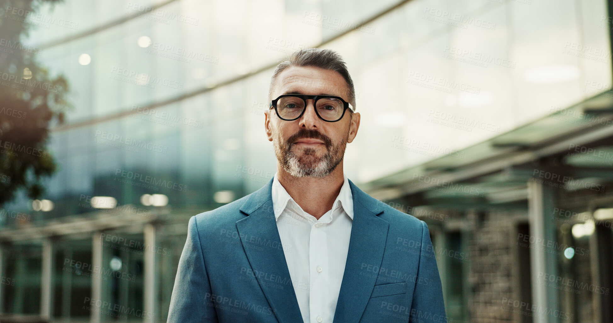 Buy stock photo Business, man and portrait with confident outdoor for accounting career, ambition and office building in city. Serious, mature manager and glasses with experience, finance job and corporate in urban