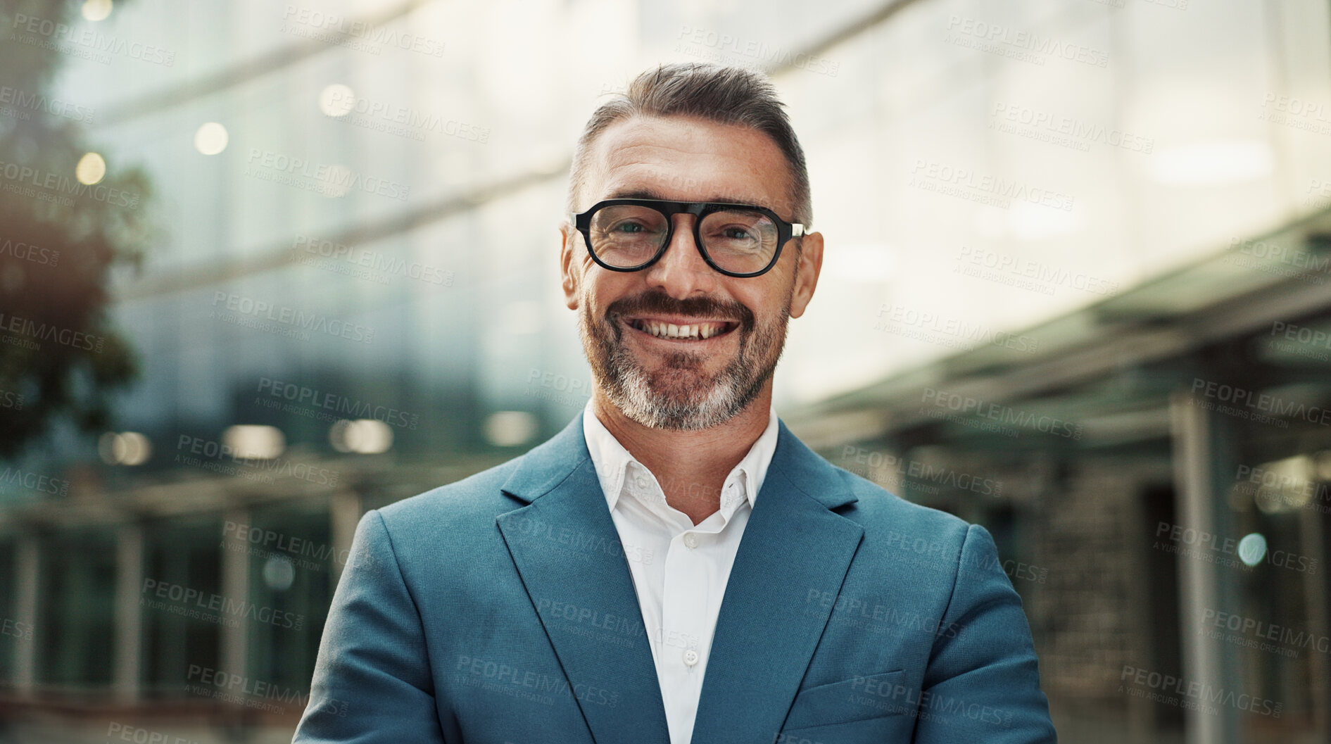 Buy stock photo Professional, city and portrait of happy businessman with confidence, company pride and ready for career. Entrepreneur, corporate and face of worker by office for working, job opportunity and commute