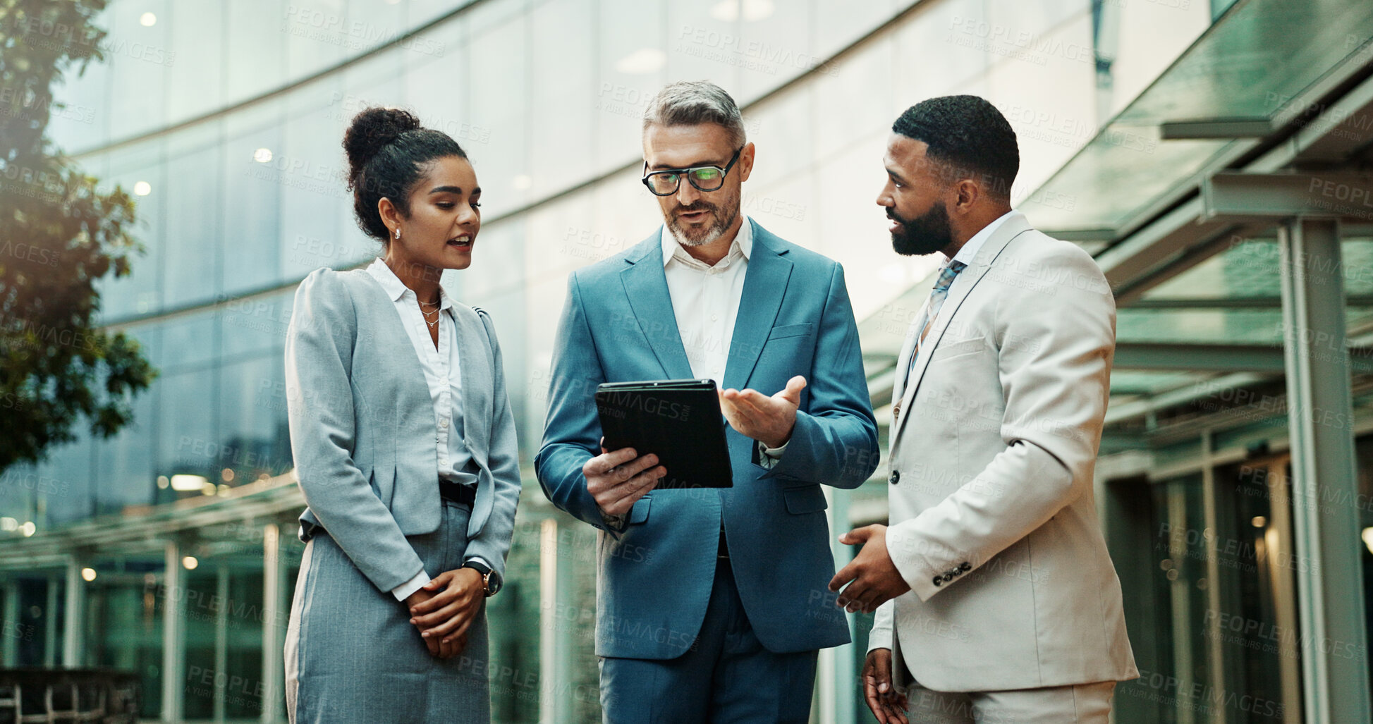 Buy stock photo Business people, tablet and collaboration in city with manager for planning, meeting and travel together. Ceo, woman and technology outdoor with partnership for research and client feedback review