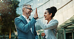 Man, woman or high five by building for business with partnership, yes for b2b deal in city. People, together or hand gesture with teamwork or success for digital contract, support for goal by office