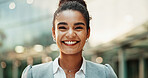 Happy, city and portrait of business woman on morning commute, travel and journey to office. Professional, corporate and face of entrepreneur with confidence, company pride and job opportunity