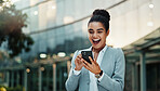 Woman, outside and excited on business smartphone, email notification and happy for news update in city. Social networking, online winner and website for corporate, mobile app and bonus or message