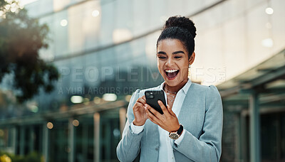 Buy stock photo Woman, outside and excited on business smartphone, email notification and happy for news update in city. Social networking, online winner and website for corporate, mobile app and bonus or message