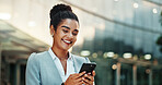 Woman, outside and typing on business smartphone, email and news update in city for social networking online. Technology, website search and corporate career, internet communication and mobile app