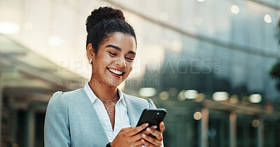 Buy stock photo Woman, outside and typing on business smartphone, email and news update in city for social networking online. Technology, website search and corporate career, internet communication and mobile app