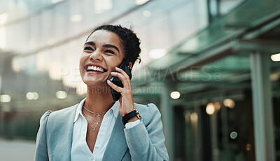 Buy stock photo Business, woman and happy phone call in city, talking and negotiating with online or virtual client on mobile app. Outside, smile and listening for company deal, corporate career and discussion