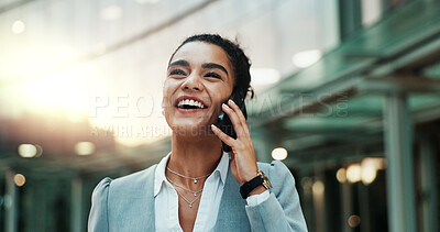 Buy stock photo Business, woman and happy phone call in city, talking and negotiating with online or virtual client on mobile app. Outside, smile and listening for company deal, corporate career and discussion