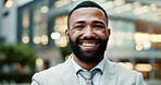 Happy, city and portrait of African businessman on morning commute, travel and journey to office. Professional, corporate and face of entrepreneur with confidence, company pride and job opportunity