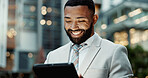 Black man, corporate and tablet at building with smile for office innovation, research and business news in city. Male accountant, happy and tech for reading with good news, update or report for firm