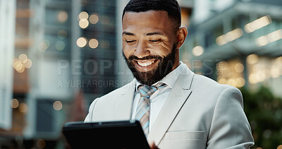 Buy stock photo Businessman, corporate and tablet at building with smile for office innovation, research and business news in city. Male accountant, happy or tech for reading with feedback, update or report for firm