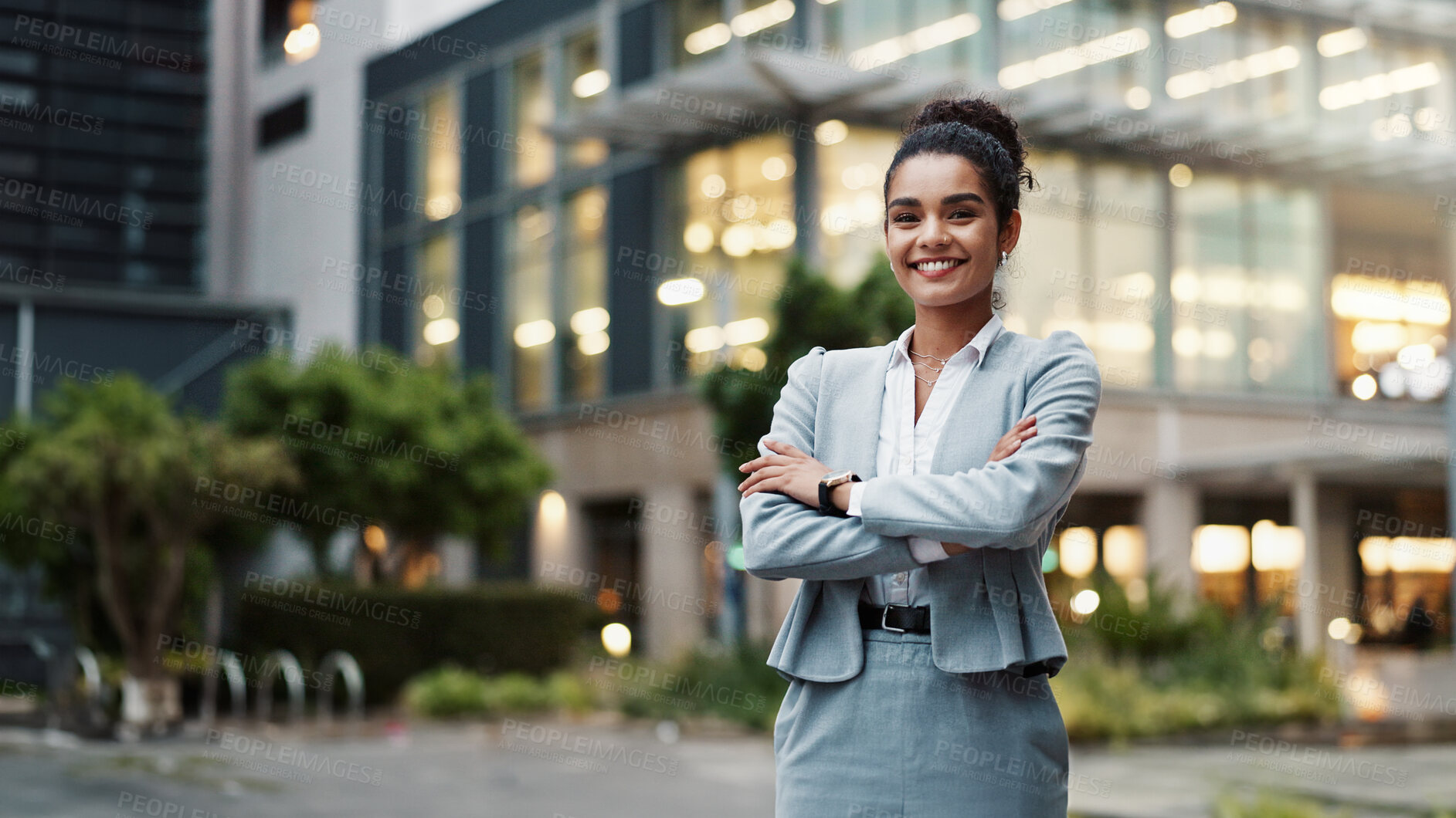 Buy stock photo Businesswoman, arms crossed or portrait by office building in city for career, smile for accounting. Female accountant, professional employee or confidence for finance job in urban with corporate