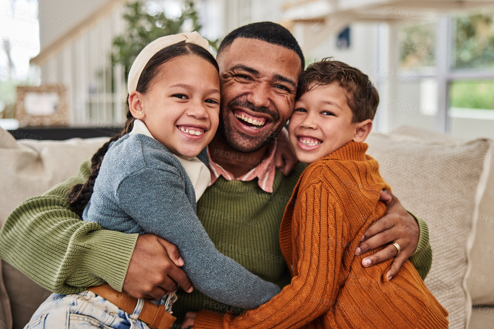 Buy stock photo Portrait, dad and kids with hug on sofa for gratitude, appreciation and safety in family at home. Love, man and happy with affection of children in living room for fatherhood, support and connection