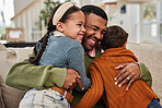 Happy, dad and kids with hug on sofa for appreciation, gratitude and safety in family at home. Love, man and smile with affection of children in living room for connection, support and fatherhood