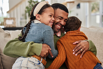 Buy stock photo Happy, dad and kids with hug on sofa for appreciation, gratitude and safety in family at home. Love, man and smile with affection of children in living room for connection, support and fatherhood