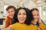 Happy woman, kids portrait on sofa for love, weekend fun and relationship development at home. Mother, children and relax on couch with growth, excited and hug for support or care in modern house