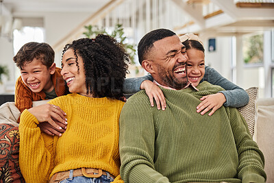 Buy stock photo Happy family, fun and excited on sofa for love, weekend fun and relationship development at home. Mother, father and kids on couch with growth, relax and hug for support or care in modern house