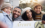 Black family, portrait and children with sign for real estate mortgage, new home and moving in neighborhood. Mother, father and kids with sold board for future property investment and outdoor house