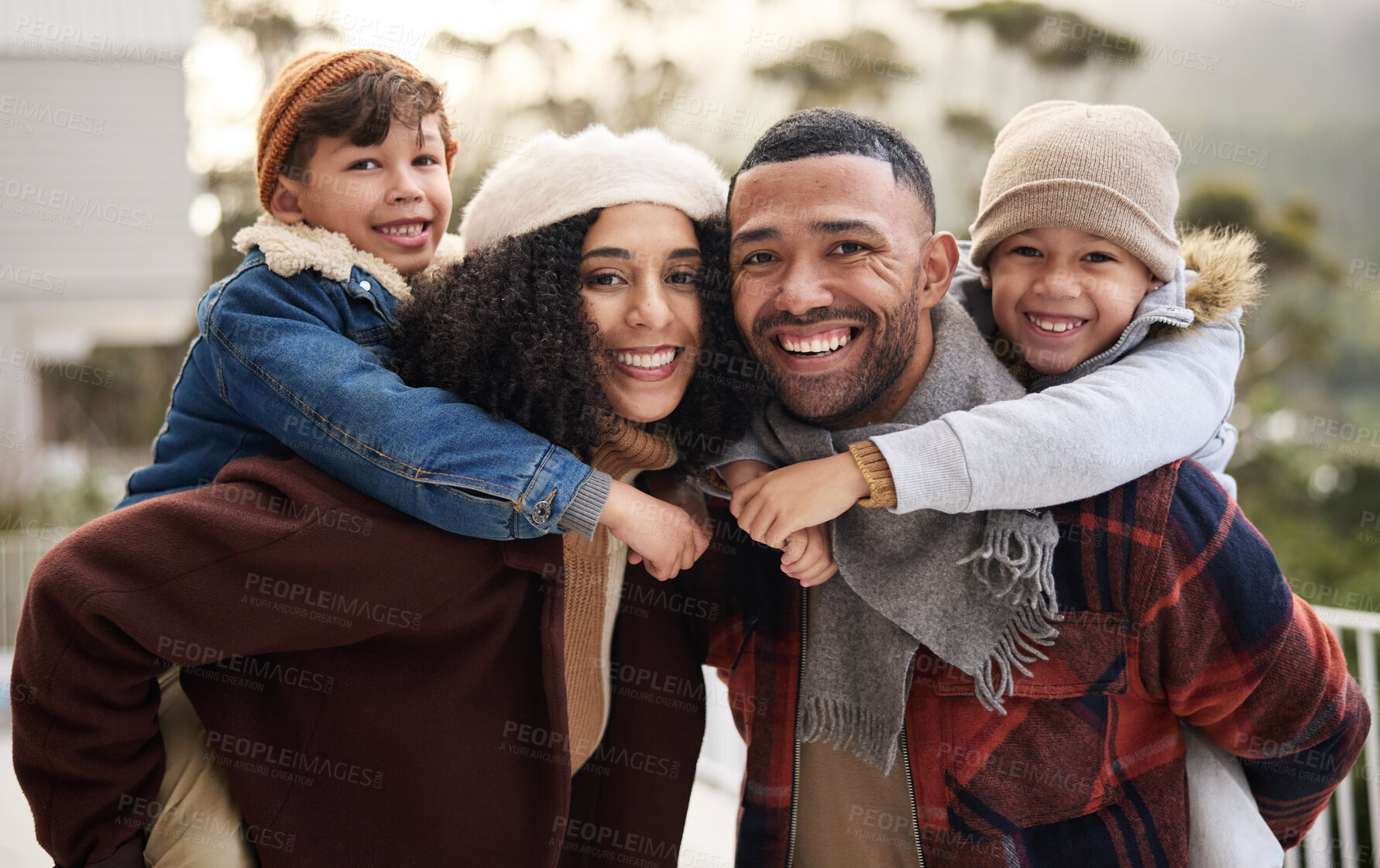 Buy stock photo Portrait smile, family and piggyback for children with winter fashion, support and outdoor bonding time. Parents, happy kids and back hug for love relationship, care and warm clothes for cold climate