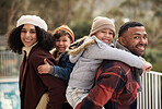 Happy portrait, family and piggyback for children with winter fashion, trust and outdoor bonding in home. Smile, parents and kids with back hug, love relationship and warm clothes for cold climate