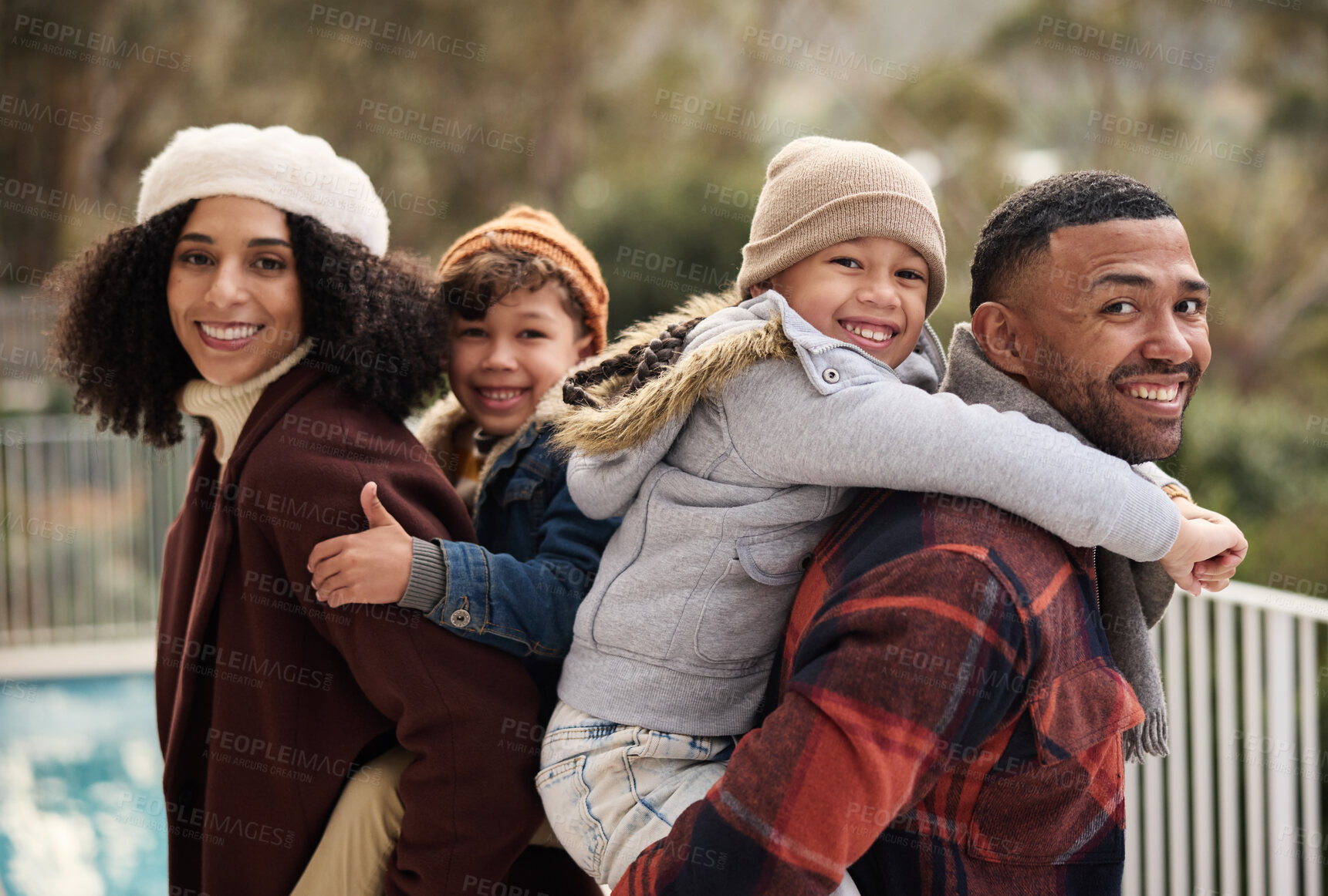 Buy stock photo Happy portrait, family and piggyback for children with winter fashion, trust and outdoor bonding in home. Smile, parents and kids with back hug, love relationship and warm clothes for cold climate