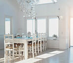 White interior with dining table and chairs and chandelier