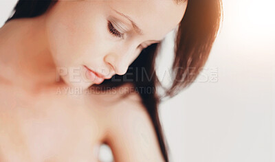 Buy stock photo Portrait of a sexy naked female covering her breast