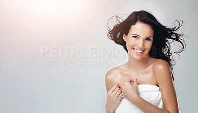 Buy stock photo Shower, towel and portrait of woman in studio with smile for wellness, cleaning and grooming. Skincare, bathroom mockup and happy person on white background for beauty, washing body and cosmetics