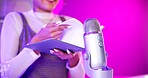 Book, ASMR and hands with microphone, woman and neon lights with podcast, content creation and tech. Home, broadcast and audio for stress relief with person influencer with recording for sound