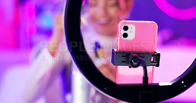 Buy stock photo Phone, girl and ring light for live streaming with makeup or beauty tutorial for followers in neon room. Influencer, content creator and cellphone for skincare product review or sponsorship at home