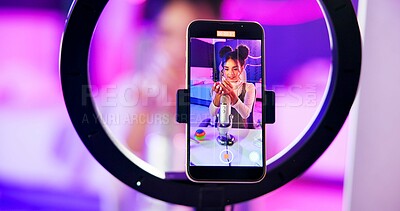 Buy stock photo Phone screen, girl and ring light for live streaming, sound recording and microphone for online followers subscription. Gen z influencer or content creator on mobile, product review or makeup at home