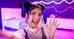 Selfie, influencer and girl with live streaming update in neon bedroom for social media audience, fans or followers. Face of excited content creator, gamer or streamer with wave hello in virtual post