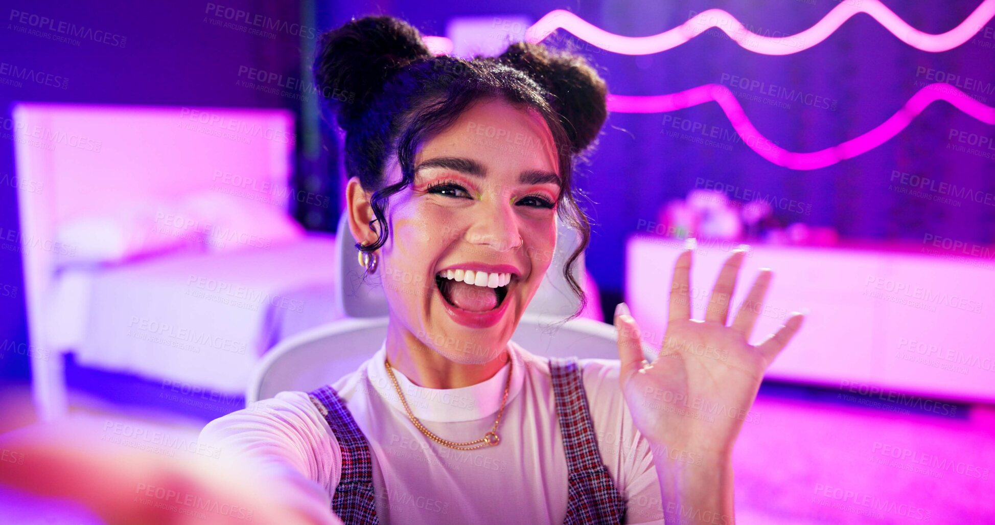 Buy stock photo Selfie, influencer and girl with live streaming update in neon bedroom for social media audience, fans or followers. Face of excited content creator, gamer or streamer with wave hello in virtual post