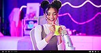 Home, studio and woman with microphone, ASMR and neon light for happy content creator with slime. Influencer, streamer or girl recording video for sound therapy, live stream and audio production.