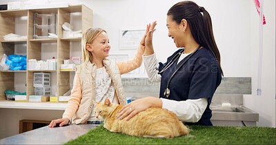 Buy stock photo Doctor, child and high five for health in clinic with cat wellness, success and celebration of animal services. Smile, vet and girl with kitten for healthcare, recovery or assessment of treatment