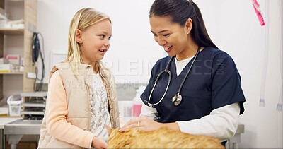 Buy stock photo Woman, cat and child for checkup at veterinary with conversation, assessment and medical exam for animal. Girl, doctor and pet advice for discussion, healthcare and neutered for surgery feedback