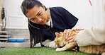 Vet, woman and cat with stethoscope in clinic for assessment, check and heartbeat of pet diagnosis treatment. Doctor, kitten and monitor pulse, physical exam and breathing checkup for wellness