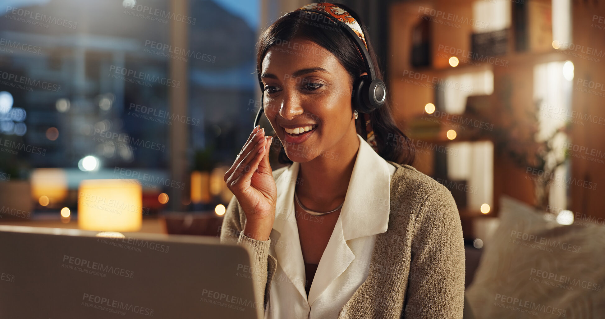 Buy stock photo Woman, call center and headphone for remote work from home with smile, microphone and talking in night. Person, advice and laptop for customer service, crm and contact us with job in telemarketing