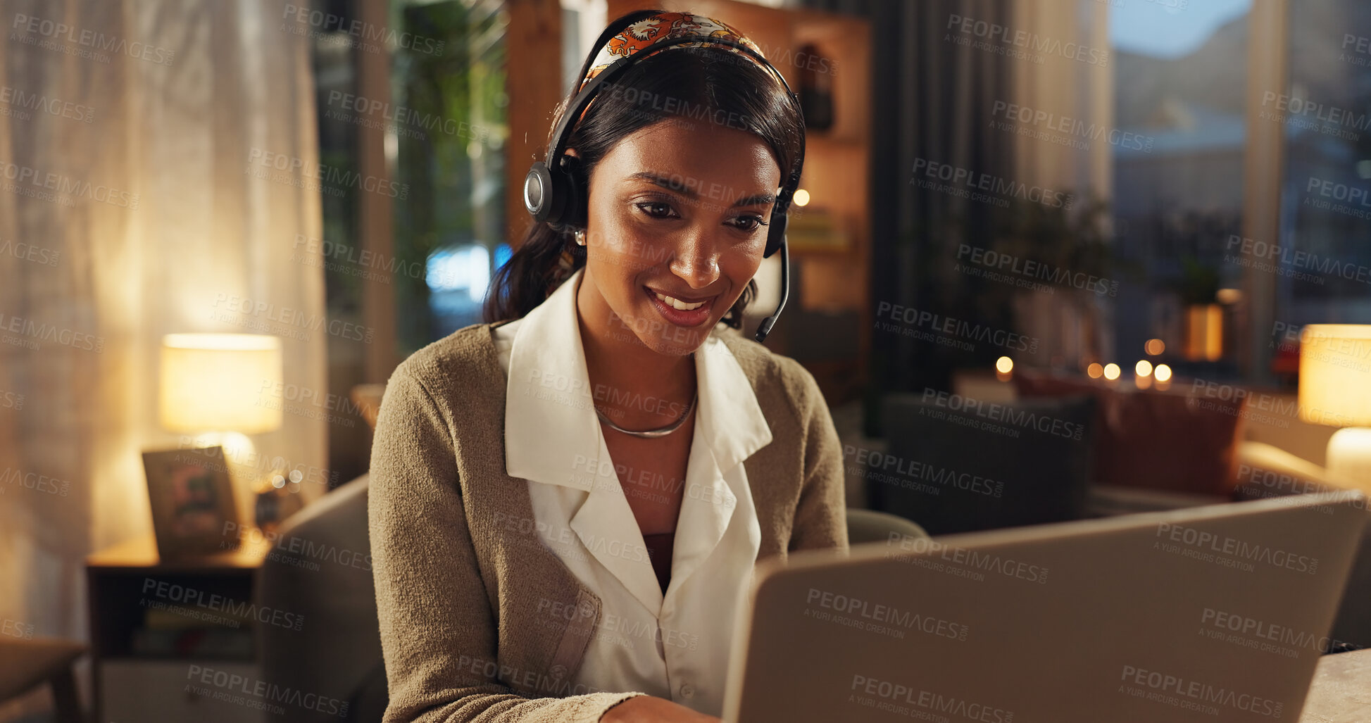 Buy stock photo Woman, call center and laptop for remote work from home with smile, microphone and talking in night. Person, advice and headphones for customer service, crm and contact us with job in telemarketing