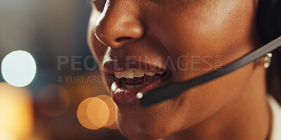 Buy stock photo Woman, mouth and talking on microphone in call center for telemarketing, communication and faq consultation. Agent, closeup and customer service for crm support, sales assistance and b2b networking