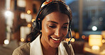 Woman, smile and talking on headset for communication, telemarketing and faq consultation in call center. Female agent, happy and customer service for crm support, sales assistance and b2b networking