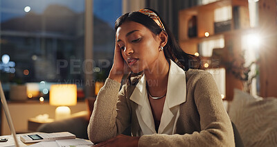 Buy stock photo Woman, laptop and documents in home with headache, thinking or calculator for tax, budget or balance. Person, stress and pain from migraine for paperwork, computer or compliance with fatigue in house