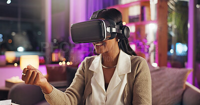 Buy stock photo Virtual reality, hands and woman in home at night for online games, entertainment and metaverse. Technology, apartment and happy person with vr goggles for AI experience, cyberworld and streaming