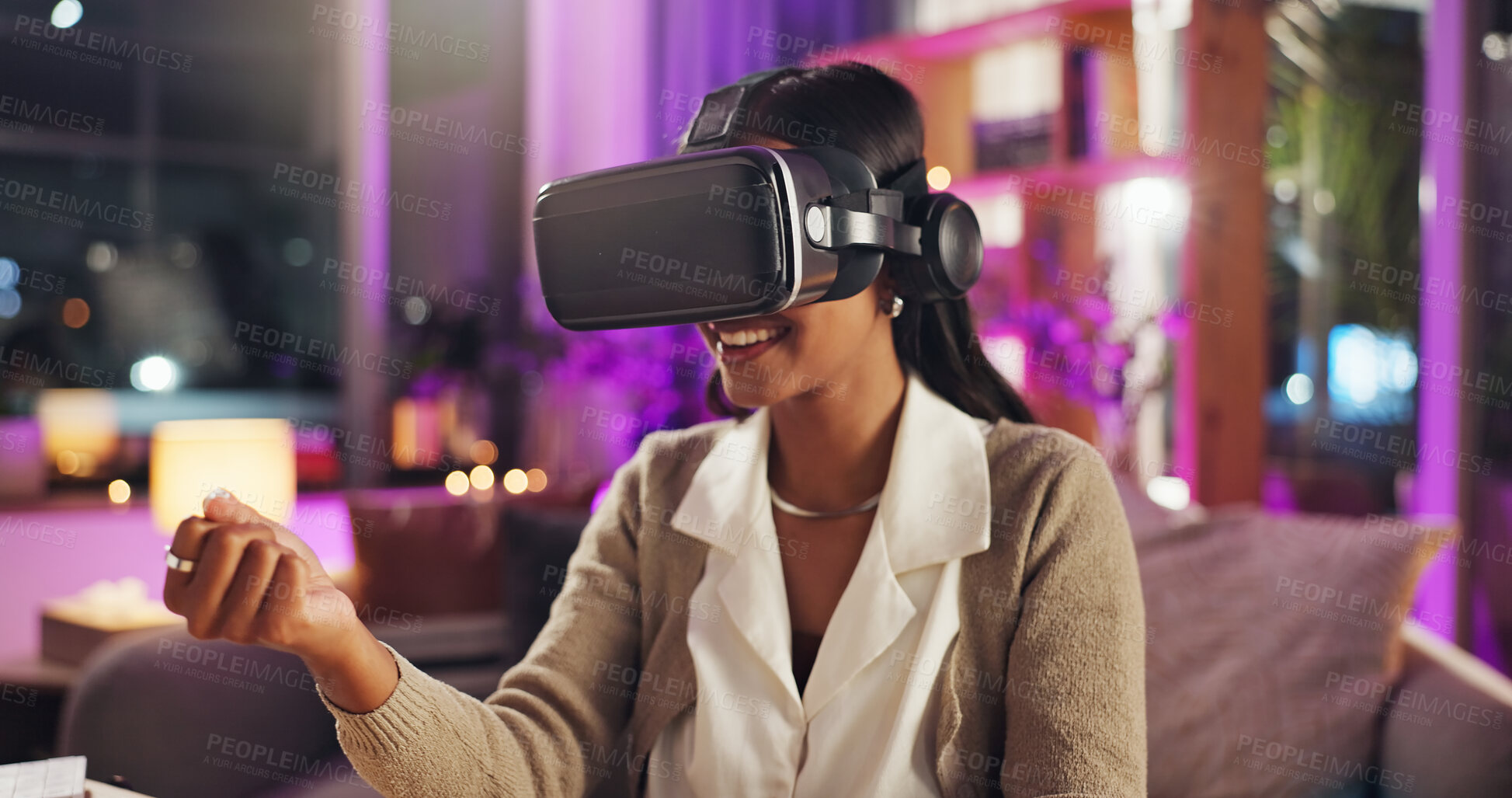 Buy stock photo Virtual reality, hands and woman in home at night for online games, entertainment and metaverse. Technology, apartment and happy person with vr goggles for AI experience, cyberworld and streaming