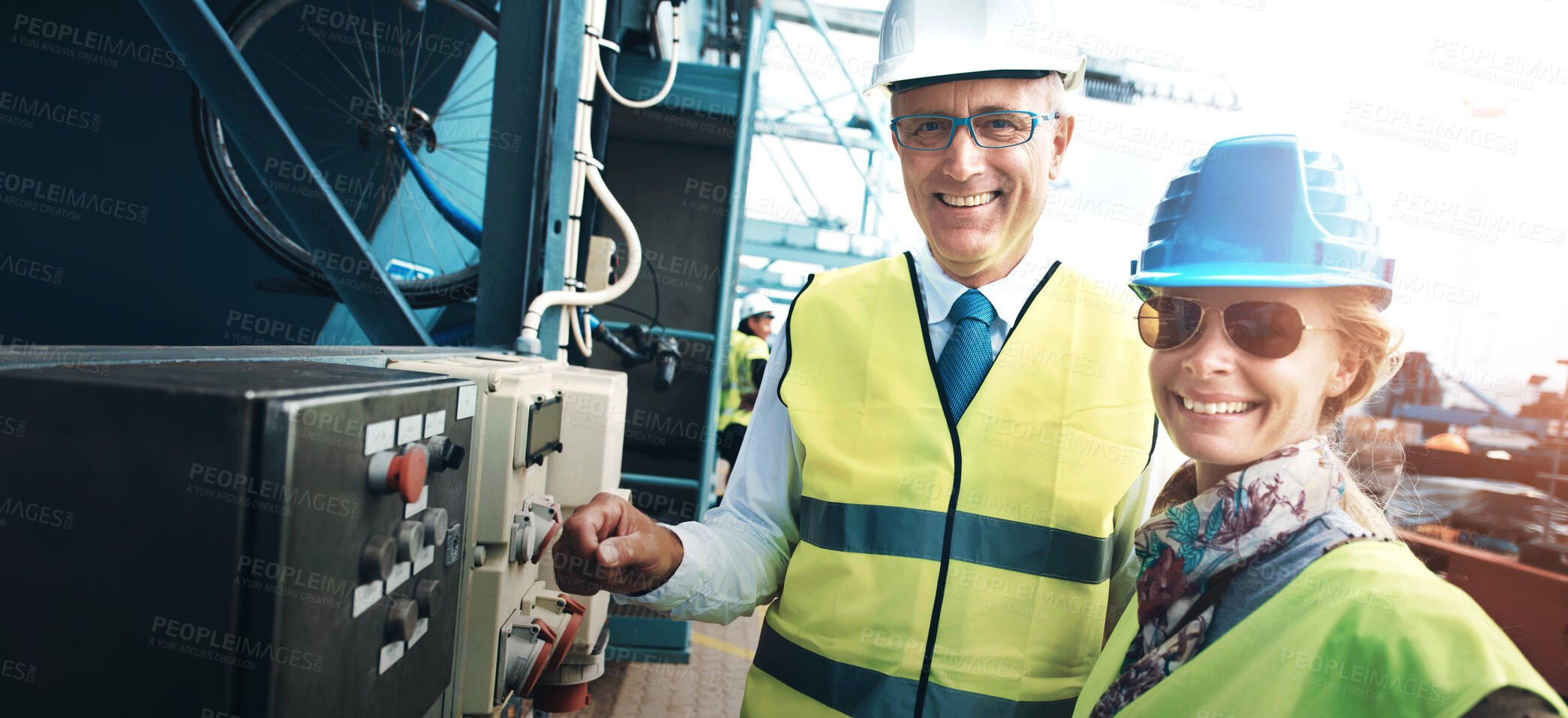 Buy stock photo Shipping worker, logistics manager and people portrait of ship engineer by power supply box with smile at port. Manufacturing, safety and management employee with industry workers working on machine