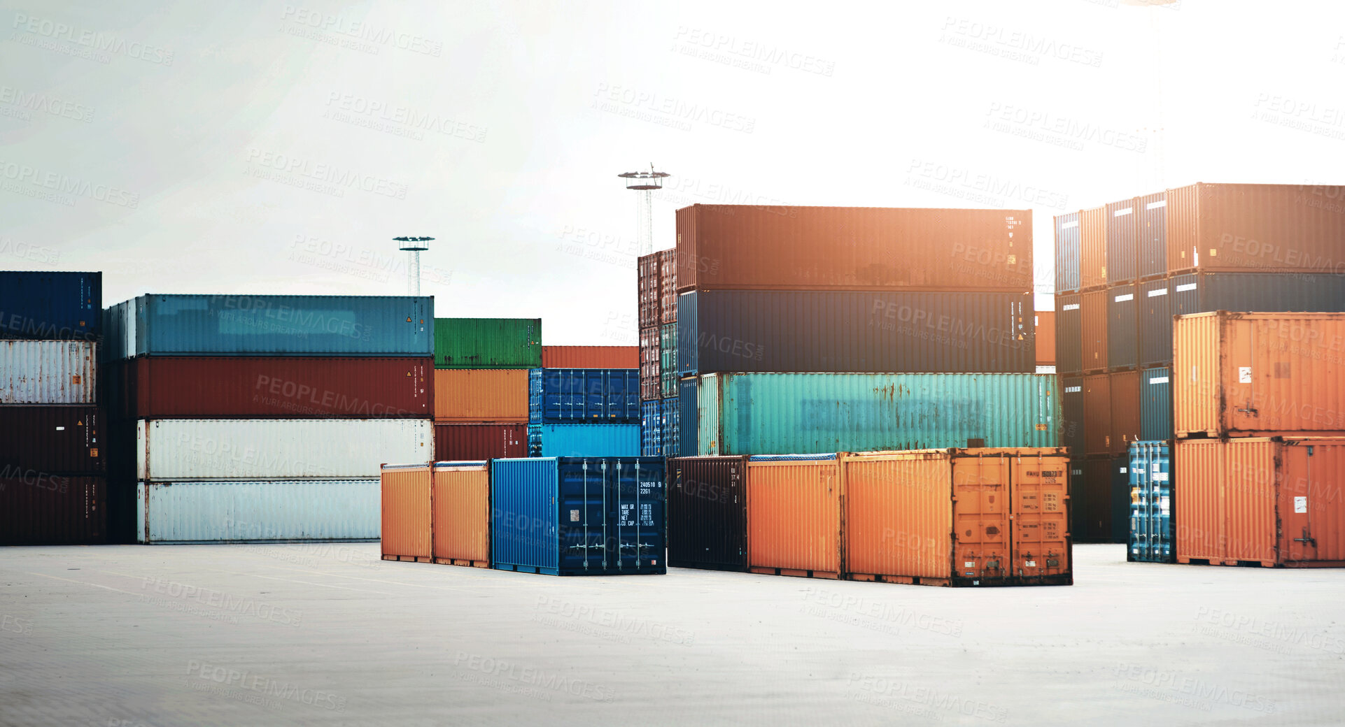 Buy stock photo Outdoor, logistics and containers in shipping port for international export, supply chain and import goods. Commercial, cargo or stock storage in yard for inventory, distribution or ready for loading