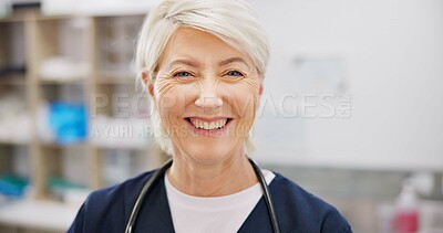 Buy stock photo Nurse, mature and woman with portrait in vet for professional career in animal care, welfare and wellness. Female veterinarian, pet doctor and specialist with pride for expert support in healthcare.