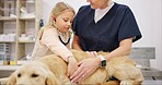 Child, veterinarian and god in clinic with woman, stethoscope and listening for heartbeat cardiology for pulse. Girl, healthcare and professional examination in animal hospital, diagnosis and medical