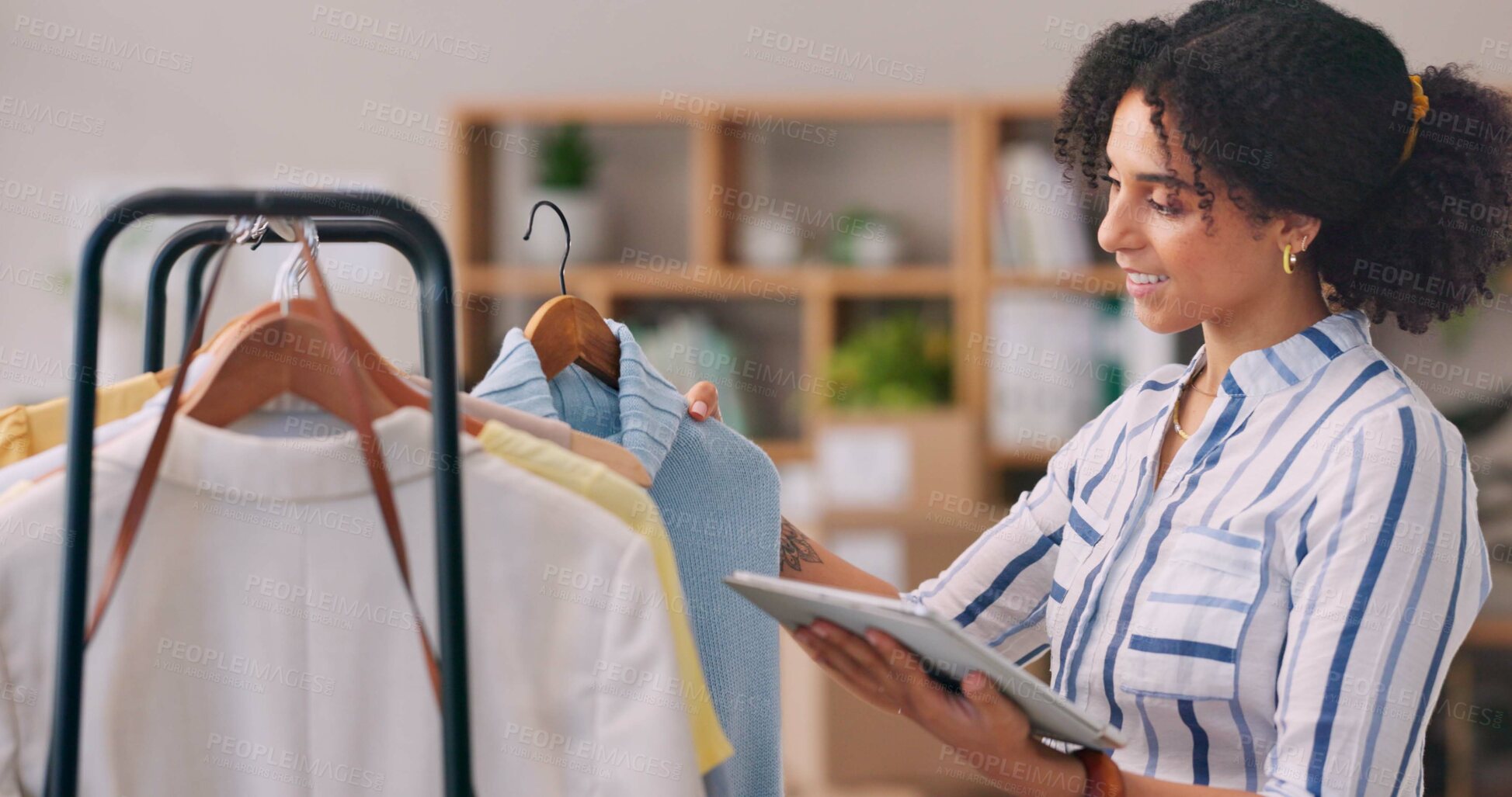 Buy stock photo Small business, woman or tablet at clothing for check, quality assurance or inventory for online store. Female entrepreneur, tech or stock in boutique for customer order, sales or logistics in Brazil