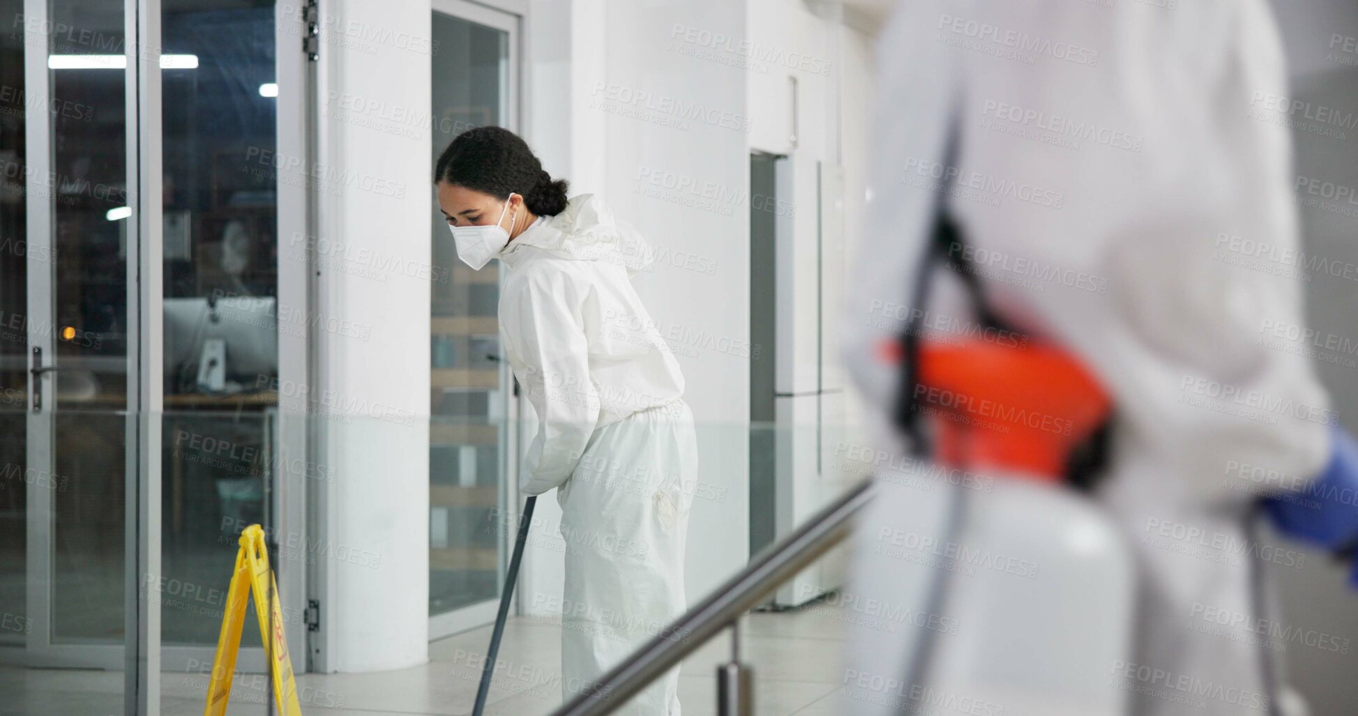 Buy stock photo Woman, cleaner and mopping for hygiene, fresh and disinfectant for virus protection or housekeeping. People, worker and ppe suit for bacteria, disease and prevention in office as janitor for company